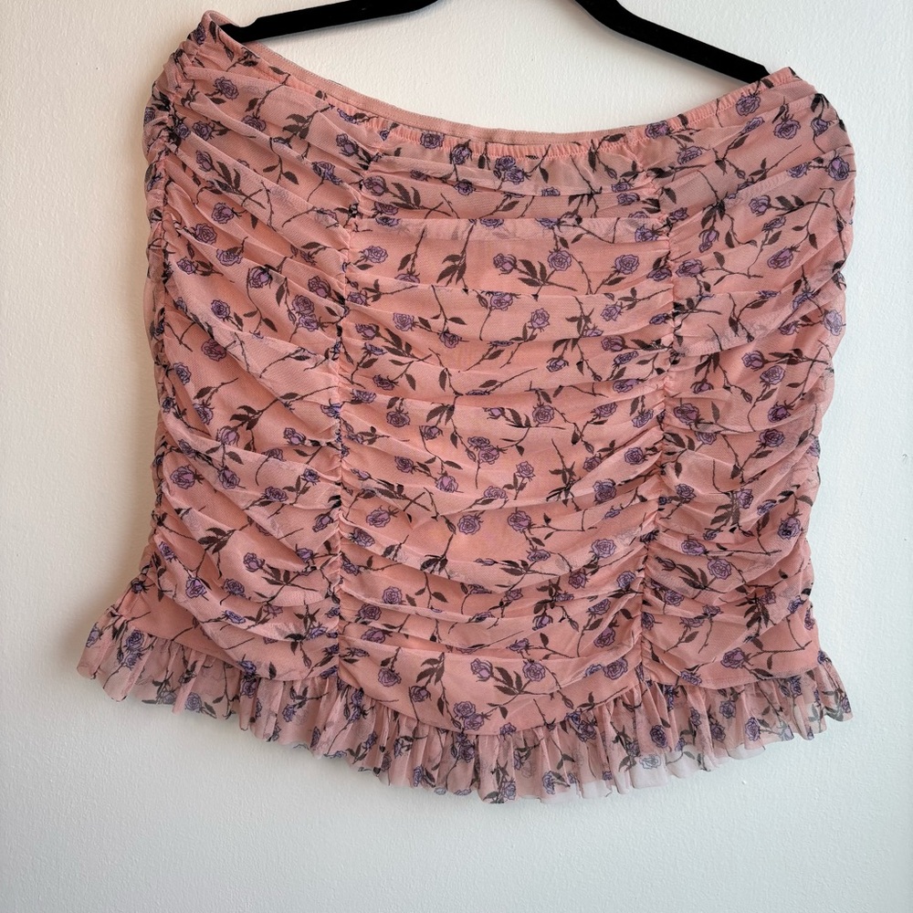 Victoria’s Secret Pink Floral Ruched Mesh Mini Skirt Ruffle Hem Women’s XL